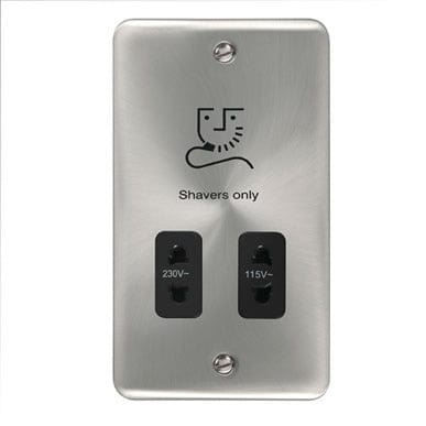 Curved Satin Chrome 115/230V Dual Voltage Shaver Socket - Black Trim - SE Home