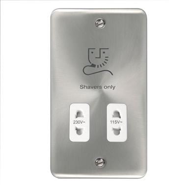 Curved Satin Chrome 115/230V Dual Voltage Shaver Socket - White Trim - SE Home