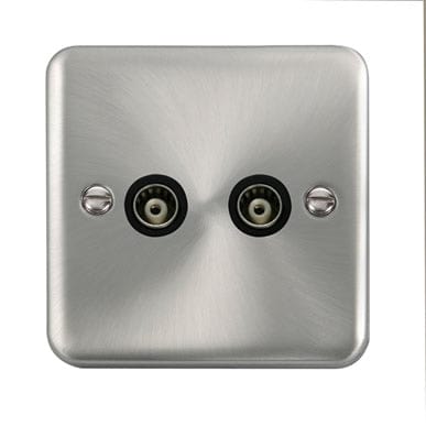 Curved Satin Chrome Twin Isolated Coaxial Outlet - Black Trim - SE Home