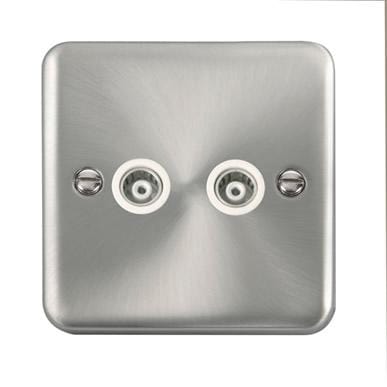 Curved Satin Chrome Twin Isolated Coaxial Outlet - White Trim - SE Home