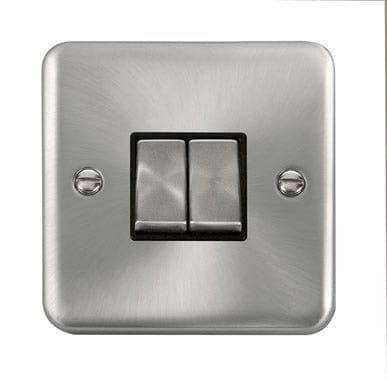 Curved Satin Chrome 10AX Ingot 2 Gang 2 Way Plate Switch - Black Trim - SE Home