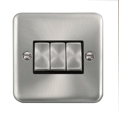 Curved Satin Chrome 10AX Ingot 3 Gang 2 Way Plate Switch - Black Trim - SE Home
