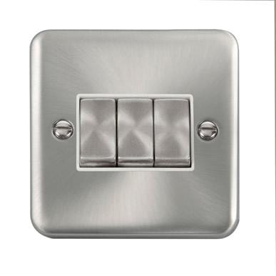 Curved Satin Chrome 10AX Ingot 3 Gang 2 Way Plate Switch - White Trim - SE Home