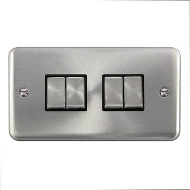Curved Satin Chrome 10AX Ingot 4 Gang 2 Way Plate Switch - Black Trim - SE Home