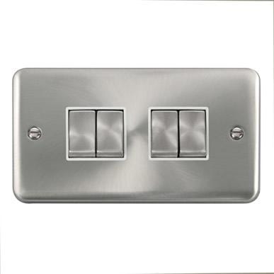 Curved Satin Chrome 10AX Ingot 4 Gang 2 Way Plate Switch - White Trim - SE Home