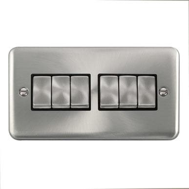 Curved Satin Chrome 10AX Ingot 6 Gang 2 Way Plate Switch - Black Trim - SE Home