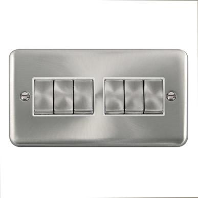 Curved Satin Chrome 10AX Ingot 6 Gang 2 Way Plate Switch - White Trim - SE Home