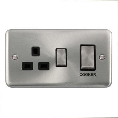 Curved Satin Chrome 45A Ingot 2 Gang DP Switch With 13A DP Switched Socket - Black Trim - SE Home