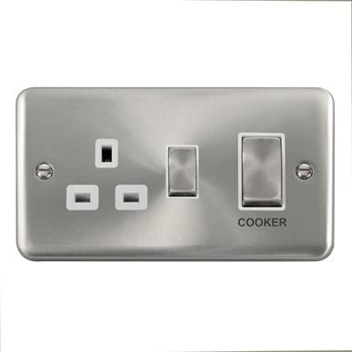 Curved Satin Chrome 45A Ingot 2 Gang DP Switch With 13A DP Switched Socket - White Trim - SE Home