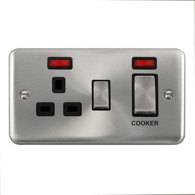 Curved Satin Chrome 45A Ingot 2 Gang DP Switch With 13A DP Switched Socket & Neons - Black Trim - SE Home