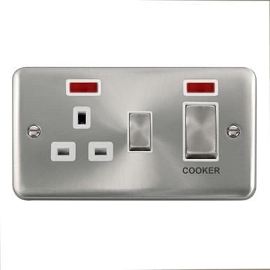 Curved Satin Chrome 45A Ingot 2 Gang DP Switch With 13A DP Switched Socket & Neons - White Trim - SE Home