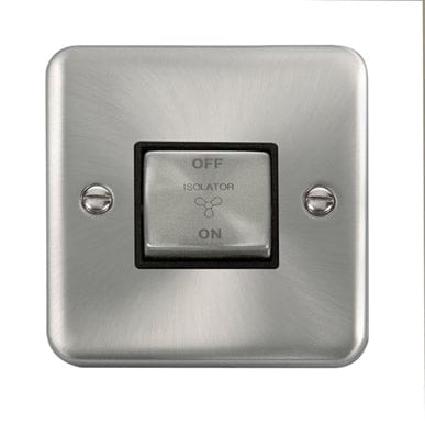 Curved Satin Chrome 10A Ingot 3 Pole Fan Isolation Plate Switch - Black Trim - SE Home