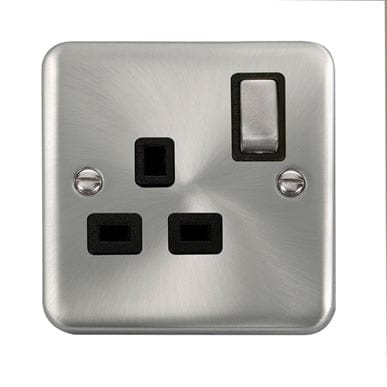 Curved Satin Chrome 13A Ingot 1 Gang DP Switched Socket - Black Trim - SE Home