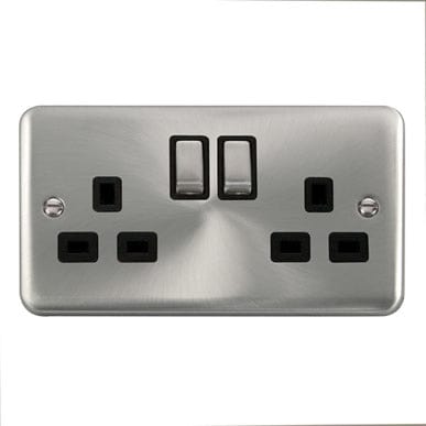 Curved Satin Chrome 13A Ingot 2 Gang DP Switched Socket - Black Trim - SE Home