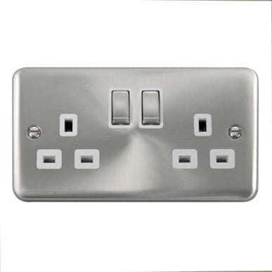 Curved Satin Chrome 13A Ingot 2 Gang DP Switched Socket - White Trim - SE Home