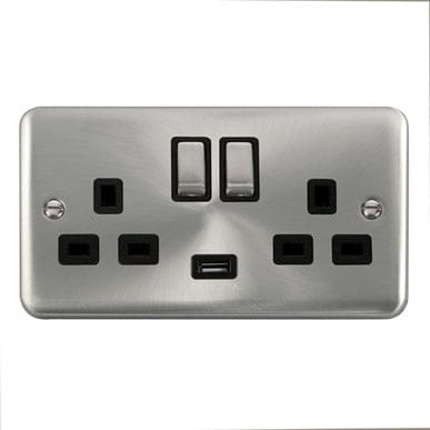 Curved Satin Chrome 13A Ingot 2 Gang Switched Sockets With 2.1A USB Outlet (Twin Earth) - Black Trim - SE Home