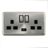 Curved Satin Chrome 13A Ingot 2 Gang Switched Sockets With 2.1A USB Outlet (Twin Earth) - Black Trim - SE Home