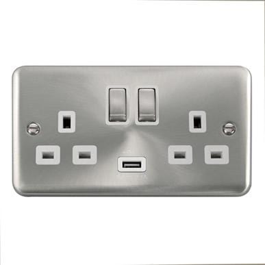 Curved Satin Chrome 13A Ingot 2 Gang Switched Sockets With 2.1A USB Outlet (Twin Earth) - White Trim - SE Home