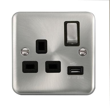 Curved Satin Chrome 13A Ingot 1 Gang Switched Socket With 2.1A USB Outlet - Black Trim - SE Home