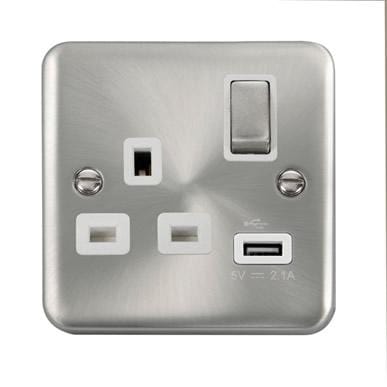 Curved Satin Chrome 13A Ingot 1 Gang Switched Socket With 2.1A USB Outlet - White Trim - SE Home