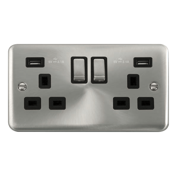 Curved Satin Chrome 2 Gang 13A DP Ingot 2 USB Twin Double Switched Plug Socket - Black Trim - SE Home
