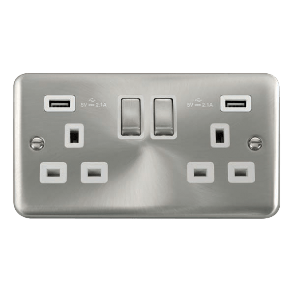 Curved Satin Chrome 2 Gang 13A DP Ingot 2 USB Twin Double Switched Plug Socket - White Trim - SE Home