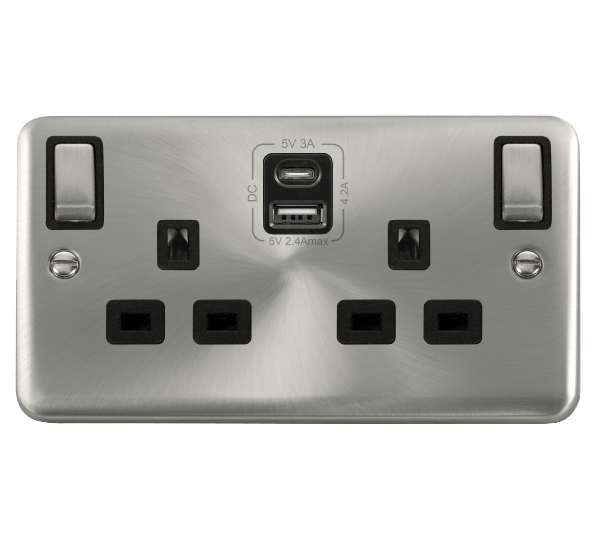 Curved Satin Chrome 2 Gang 13A DP Ingot Type A & C USB Twin Double Switched Plug Socket - Black Trim - SE Home