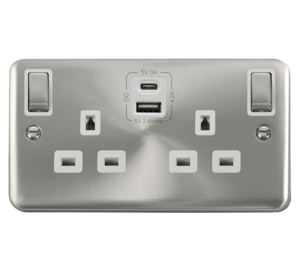 Curved Satin Chrome 2 Gang 13A DP Ingot Type A & C USB Twin Double Switched Plug Socket - White Trim - SE Home