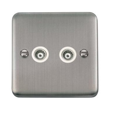 Curved Stainless Steel Twin Isolated Coaxial Outlet - White Trim - SE Home