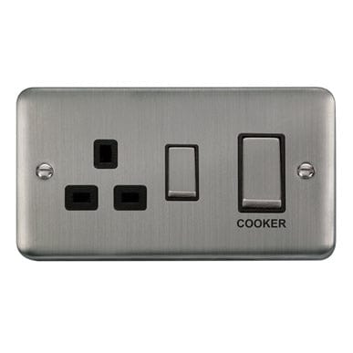 Curved Stainless Steel 45A Ingot 2 Gang DP Switch With 13A DP Switched Socket - Black Trim - SE Home