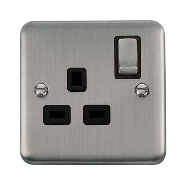 Curved Stainless Steel 13A Ingot 1 Gang DP Switched Socket - Black Trim - SE Home