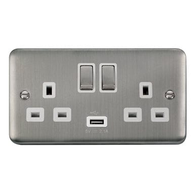 Curved Stainless Steel 13A Ingot 2 Gang Switched Sockets With 2.1A USB Outlet (Twin Earth) - White Trim - SE Home