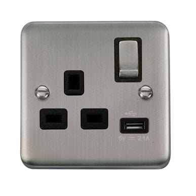 Curved Stainless Steel 13A Ingot 1 Gang Switched Socket With 2.1A USB Outlet - Black Trim - SE Home