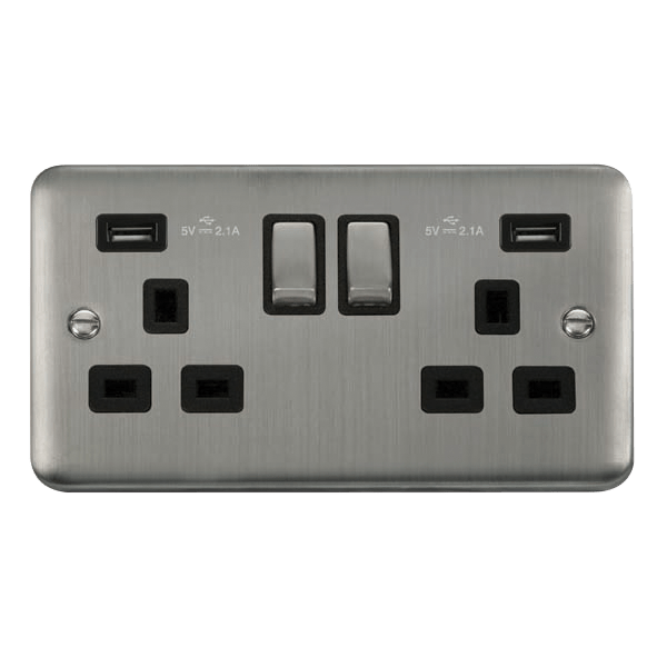 Curved Stainless Steel 2 Gang 13A DP Ingot 2 USB Twin Double Switched Plug Socket - Black Trim - SE Home