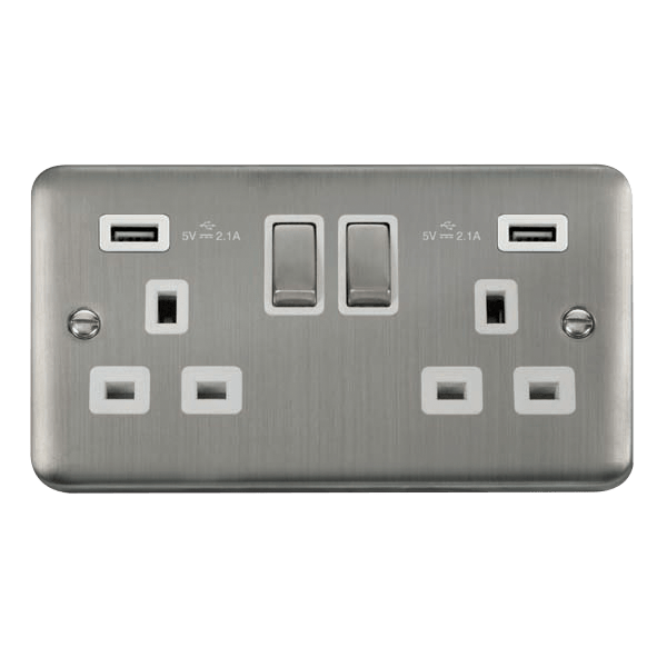 Curved Stainless Steel 2 Gang 13A DP Ingot 2 USB Twin Double Switched Plug Socket - White Trim - SE Home