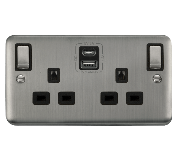 Curved Stainless Steel 2 Gang 13A DP Ingot Type A & C USB Twin Double Switched Plug Socket - Black Trim - SE Home