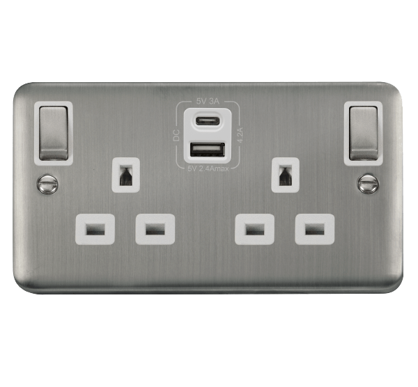 Curved Stainless Steel 2 Gang 13A DP Ingot Type A & C USB Twin Double Switched Plug Socket - White Trim - SE Home