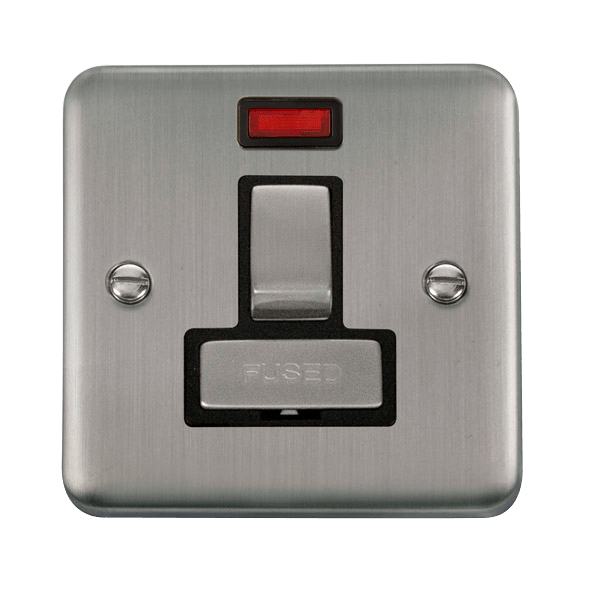Curved Stainless Steel 13A Fused Ingot Connection Unit Switched With Neon - Black Trim - SE Home