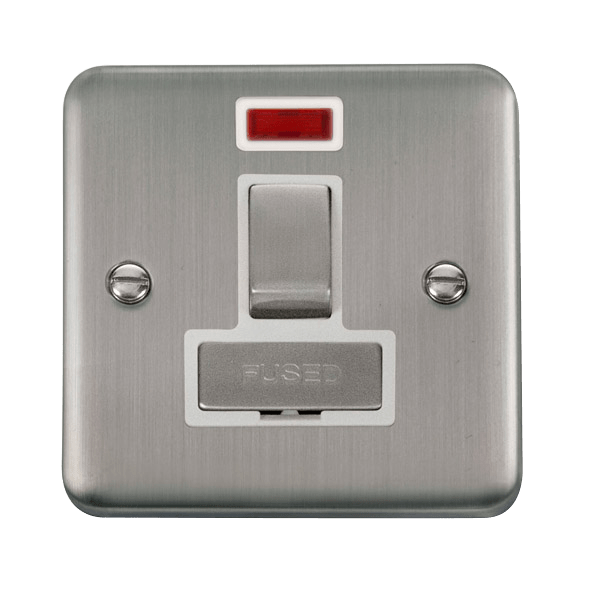 Curved Stainless Steel 13A Fused Ingot Connection Unit Switched With Neon - White Trim - SE Home