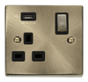 Antique Brass - Black Inserts Antique Brass 1 Gang 13A DP Ingot 1 USB Switched Plug Socket - Black Trim
