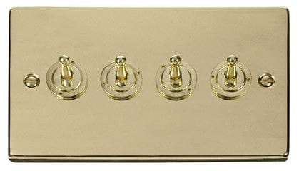 Polished Brass - Black Inserts Polished Brass 4 Gang 2 Way 10AX Toggle Light Switch