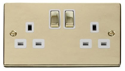 Polished Brass - White Inserts Polished Brass 2 Gang 13A DP Ingot Twin Double Switched Plug Socket - White Trim