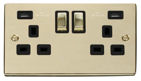 Polished Brass - Black Inserts Polished Brass 2 Gang 13A DP Ingot 2 USB Twin Double Switched Plug Socket - Black Trim