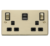 Polished Brass 2 Gang 13A DP Ingot Type A & C USB Twin Double Switched Plug Socket - Black Trim