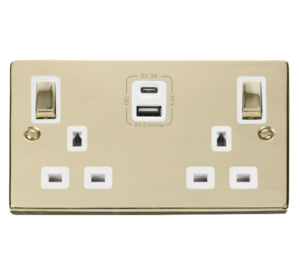 Polished Brass 2 Gang 13A DP Ingot Type A & C USB Twin Double Switched Plug Socket - White Trim