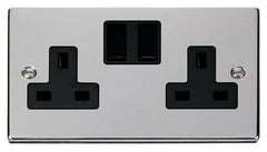Polished Chrome - Black Inserts Polished Chrome 2 Gang 13A Twin Double Switched Plug Socket - Black Trim