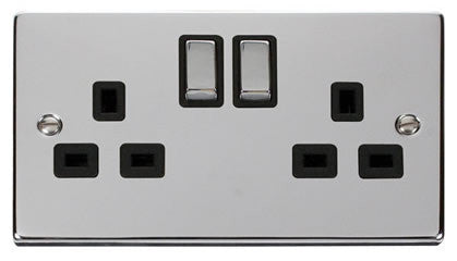 Polished Chrome 2 Gang 13A DP Ingot Twin Double Switched Plug Socket - Black Trim