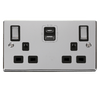 Polished Chrome 2 Gang 13A DP Ingot Type A & C USB Twin Double Switched Plug Socket - Black Trim
