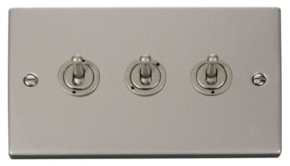 Pearl Nickel - White Inserts Pearl Nickel 3 Gang 2 Way 10AX Toggle Light Switch