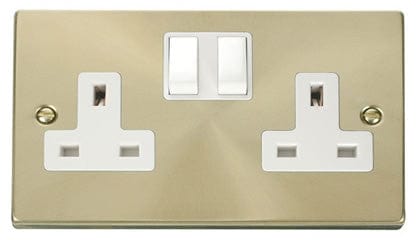 Satin Brass - White Inserts Satin Brass 2 Gang 13A Twin Double Switched Plug Socket - White Trim